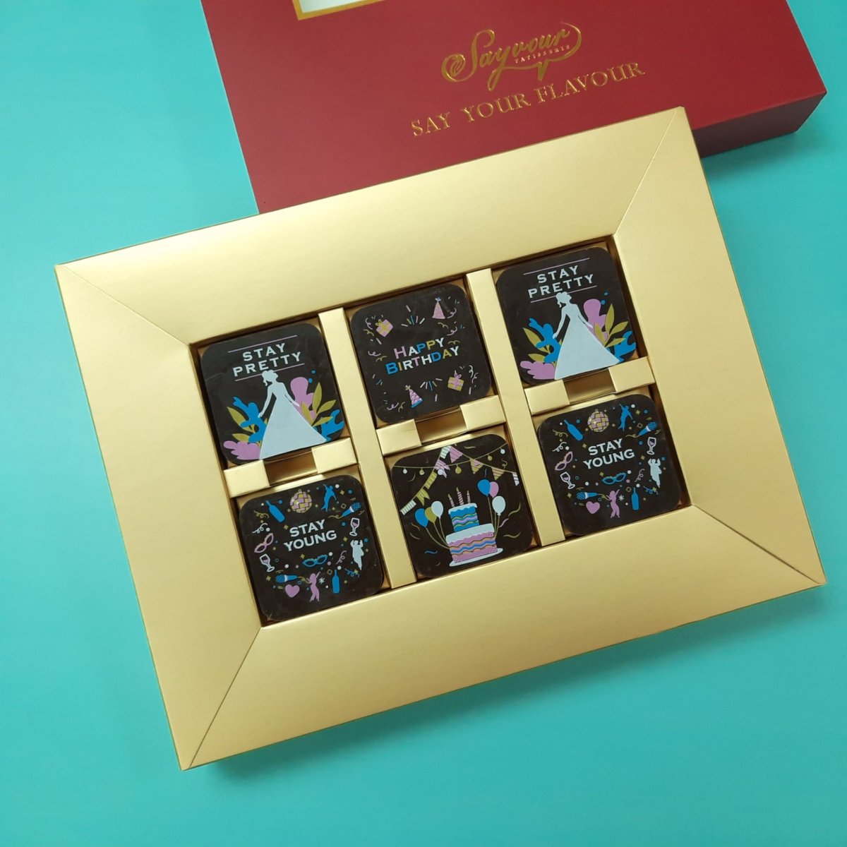hbd+stay pretty+stay young+cake_12pcs_red_square